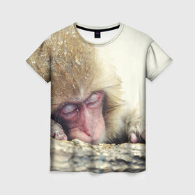 Женская футболка 3D с принтом Обезьянка спит в Курске, 100% полиэфир ( синтетическое хлопкоподобное полотно) | прямой крой, круглый вырез горловины, длина до линии бедер | бабуин | животное | обезьяна | орангутанг | примат