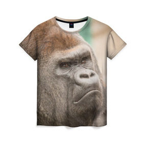Женская футболка 3D с принтом Обезьяна в Курске, 100% полиэфир ( синтетическое хлопкоподобное полотно) | прямой крой, круглый вырез горловины, длина до линии бедер | горилла | животное | обезьяна | примат