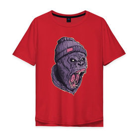 Мужская футболка хлопок Oversize с принтом Злая горилла в Курске, 100% хлопок | свободный крой, круглый ворот, “спинка” длиннее передней части | арт | взгляд | гипноз | гнев | горилла | животные | зубы | кинг конг | клыки | обезьяна | пасть | шапка