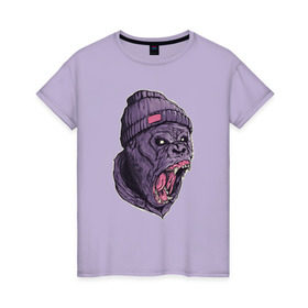 Женская футболка хлопок с принтом Злая горилла в Курске, 100% хлопок | прямой крой, круглый вырез горловины, длина до линии бедер, слегка спущенное плечо | арт | взгляд | гипноз | гнев | горилла | животные | зубы | кинг конг | клыки | обезьяна | пасть | шапка