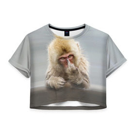 Женская футболка 3D укороченная с принтом Японская макака в Курске, 100% полиэстер | круглая горловина, длина футболки до линии талии, рукава с отворотами | макак | мартышка | обезьяна | палец | япония