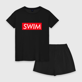 Женская пижама с шортиками хлопок с принтом swim в Курске, 100% хлопок | футболка прямого кроя, шорты свободные с широкой мягкой резинкой | swim | swimming | плавание | пловец
