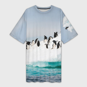 Платье-футболка 3D с принтом Пингвины на айсберге в Курске,  |  | айсберг | антарктида | антарктика | арктика | буревестник | глупый | императорский | клюв | королевский | крылья | ласты | лёд | линукс | океан | пилигрим | полюс | птица | север | снег | умка | фрак