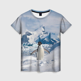Женская футболка 3D с принтом Пингвин в горах в Курске, 100% полиэфир ( синтетическое хлопкоподобное полотно) | прямой крой, круглый вырез горловины, длина до линии бедер | айсберг | антарктида | антарктика | арктика | буревестник | глупый | императорский | клюв | королевский | крылья | ласты | лёд | линукс | океан | пилигрим | полюс | птица | север | снег | умка | фрак