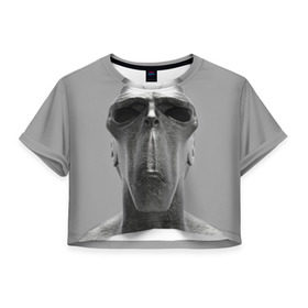 Женская футболка 3D укороченная с принтом Гуманоид в Курске, 100% полиэстер | круглая горловина, длина футболки до линии талии, рукава с отворотами | head | humanoid | sculpture | голова | идол | инопланетянин | истукан | космос | скульптура | статуя
