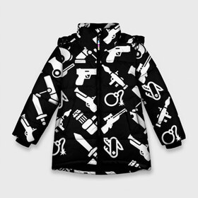Зимняя куртка для девочек 3D с принтом Оружие черный микс в Курске, ткань верха — 100% полиэстер; подклад — 100% полиэстер, утеплитель — 100% полиэстер. | длина ниже бедра, удлиненная спинка, воротник стойка и отстегивающийся капюшон. Есть боковые карманы с листочкой на кнопках, утяжки по низу изделия и внутренний карман на молнии. 

Предусмотрены светоотражающий принт на спинке, радужный светоотражающий элемент на пуллере молнии и на резинке для утяжки. | граната | гранатомет | детские | детям | иконки | камуфляж | меч | микс | мина | много | мушкет | оружие | пистолет | пулемет | пушка | рпг | силуэт | символ | снайперская винтовка | швейцарский нож