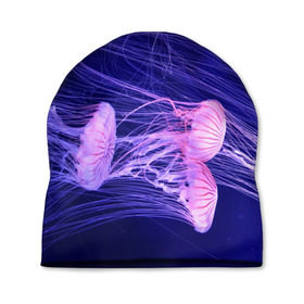 Шапка 3D с принтом Розовые медузы в Курске, 100% полиэстер | универсальный размер, печать по всей поверхности изделия | аквариум | вода | дайвинг | милые | море | океан | плывет | подводный мир | рыбалка | рыбка | рыбы | стая | фауна
