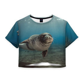 Женская футболка 3D укороченная с принтом Тюлень под водой в Курске, 100% полиэстер | круглая горловина, длина футболки до линии талии, рукава с отворотами | вода | дайвинг | жирный | косяк | красивые | милые | море | морская | морской котик | океан | плывет | подводный мир | прикольные | речная | рыба | рыбалка | стая | тюлень | усатый кот | фауна | чешуя