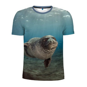 Мужская футболка 3D спортивная с принтом Тюлень под водой в Курске, 100% полиэстер с улучшенными характеристиками | приталенный силуэт, круглая горловина, широкие плечи, сужается к линии бедра | Тематика изображения на принте: вода | дайвинг | жирный | косяк | красивые | милые | море | морская | морской котик | океан | плывет | подводный мир | прикольные | речная | рыба | рыбалка | стая | тюлень | усатый кот | фауна | чешуя