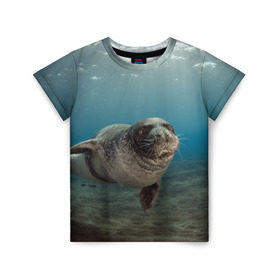 Детская футболка 3D с принтом Тюлень под водой в Курске, 100% гипоаллергенный полиэфир | прямой крой, круглый вырез горловины, длина до линии бедер, чуть спущенное плечо, ткань немного тянется | Тематика изображения на принте: вода | дайвинг | жирный | косяк | красивые | милые | море | морская | морской котик | океан | плывет | подводный мир | прикольные | речная | рыба | рыбалка | стая | тюлень | усатый кот | фауна | чешуя