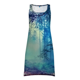 Платье-майка 3D с принтом Лес в Курске, 100% полиэстер | полуприлегающий силуэт, широкие бретели, круглый вырез горловины, удлиненный подол сзади. | 3d | деревья | лес | пейзаж | природа | роща | туман