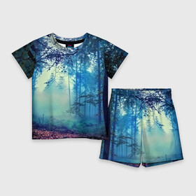 Детский костюм с шортами 3D с принтом Лес в Курске,  |  | Тематика изображения на принте: 3d | деревья | лес | пейзаж | природа | роща | туман