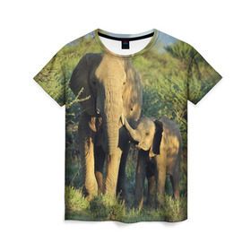 Женская футболка 3D с принтом Слониха и слоненок в природе в Курске, 100% полиэфир ( синтетическое хлопкоподобное полотно) | прямой крой, круглый вырез горловины, длина до линии бедер | африка | африканский | бивни | большой | гигант джунгли | зоопарк | индийский | индия | лесной великан | мамонт | огромный | саванна | сафари | серый | слон | слоненок | слониха | стадо | уши | хобот
