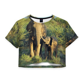 Женская футболка 3D укороченная с принтом Слониха и слоненок в природе в Курске, 100% полиэстер | круглая горловина, длина футболки до линии талии, рукава с отворотами | африка | африканский | бивни | большой | гигант джунгли | зоопарк | индийский | индия | лесной великан | мамонт | огромный | саванна | сафари | серый | слон | слоненок | слониха | стадо | уши | хобот