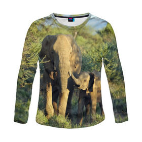 Женский лонгслив 3D с принтом Слониха и слоненок в природе в Курске, 100% полиэстер | длинные рукава, круглый вырез горловины, полуприлегающий силуэт | африка | африканский | бивни | большой | гигант джунгли | зоопарк | индийский | индия | лесной великан | мамонт | огромный | саванна | сафари | серый | слон | слоненок | слониха | стадо | уши | хобот