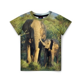 Детская футболка 3D с принтом Слониха и слоненок в природе в Курске, 100% гипоаллергенный полиэфир | прямой крой, круглый вырез горловины, длина до линии бедер, чуть спущенное плечо, ткань немного тянется | Тематика изображения на принте: африка | африканский | бивни | большой | гигант джунгли | зоопарк | индийский | индия | лесной великан | мамонт | огромный | саванна | сафари | серый | слон | слоненок | слониха | стадо | уши | хобот