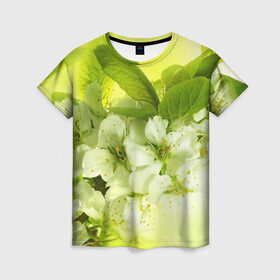 Женская футболка 3D с принтом Цветы яблони в Курске, 100% полиэфир ( синтетическое хлопкоподобное полотно) | прямой крой, круглый вырез горловины, длина до линии бедер | белый | весна | дерево | зеленый | природа | растения | цветы | яблоня