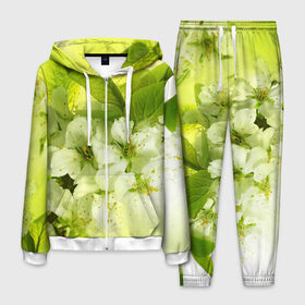 Мужской костюм 3D с принтом Цветы яблони в Курске, 100% полиэстер | Манжеты и пояс оформлены тканевой резинкой, двухслойный капюшон со шнурком для регулировки, карманы спереди | Тематика изображения на принте: белый | весна | дерево | зеленый | природа | растения | цветы | яблоня