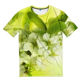 Мужская футболка 3D с принтом Цветы яблони в Курске, 100% полиэфир | прямой крой, круглый вырез горловины, длина до линии бедер | белый | весна | дерево | зеленый | природа | растения | цветы | яблоня
