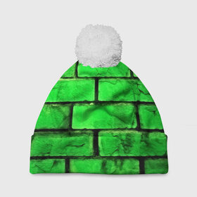 Шапка 3D c помпоном с принтом Зелёные кирпичики в Курске, 100% полиэстер | универсальный размер, печать по всей поверхности изделия | Тематика изображения на принте: 3d | зелёные кирпичики | камень | краска | текстуры
