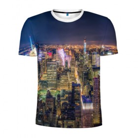 Мужская футболка 3D спортивная с принтом Ночной город 3 в Курске, 100% полиэстер с улучшенными характеристиками | приталенный силуэт, круглая горловина, широкие плечи, сужается к линии бедра | Тематика изображения на принте: город | здания | небо | ночь | свет