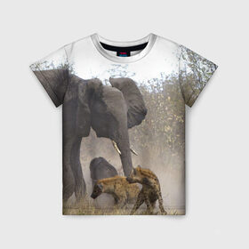 Детская футболка 3D с принтом Гиены охотятся на слона в Курске, 100% гипоаллергенный полиэфир | прямой крой, круглый вырез горловины, длина до линии бедер, чуть спущенное плечо, ткань немного тянется | африка | африканский | бивни | большой | гигант джунгли | гиены | индийский | индия | лесной великан | мамонт | огромный | охота | саванна | сафари | серый | слон | слониха | стадо | уши | хобот