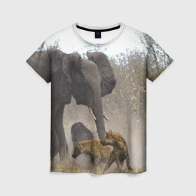 Женская футболка 3D с принтом Гиены охотятся на слона в Курске, 100% полиэфир ( синтетическое хлопкоподобное полотно) | прямой крой, круглый вырез горловины, длина до линии бедер | африка | африканский | бивни | большой | гигант джунгли | гиены | индийский | индия | лесной великан | мамонт | огромный | охота | саванна | сафари | серый | слон | слониха | стадо | уши | хобот