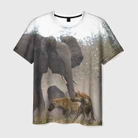 Мужская футболка 3D с принтом Гиены охотятся на слона в Курске, 100% полиэфир | прямой крой, круглый вырез горловины, длина до линии бедер | африка | африканский | бивни | большой | гигант джунгли | гиены | индийский | индия | лесной великан | мамонт | огромный | охота | саванна | сафари | серый | слон | слониха | стадо | уши | хобот