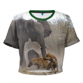 Женская футболка 3D укороченная с принтом Гиены охотятся на слона в Курске, 100% полиэстер | круглая горловина, длина футболки до линии талии, рукава с отворотами | африка | африканский | бивни | большой | гигант джунгли | гиены | индийский | индия | лесной великан | мамонт | огромный | охота | саванна | сафари | серый | слон | слониха | стадо | уши | хобот