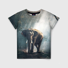 Детская футболка 3D с принтом Слон в лесу в Курске, 100% гипоаллергенный полиэфир | прямой крой, круглый вырез горловины, длина до линии бедер, чуть спущенное плечо, ткань немного тянется | африка | африканский | бивни | большой | гигант джунгли | зоопарк | индийский | индия | лесной великан | мамонт | огромный | саванна | сафари | серый | слон | слоненок | слониха | стадо | уши | хобот