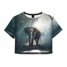 Женская футболка 3D укороченная с принтом Слон в лесу в Курске, 100% полиэстер | круглая горловина, длина футболки до линии талии, рукава с отворотами | африка | африканский | бивни | большой | гигант джунгли | зоопарк | индийский | индия | лесной великан | мамонт | огромный | саванна | сафари | серый | слон | слоненок | слониха | стадо | уши | хобот