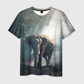 Мужская футболка 3D с принтом Слон в лесу в Курске, 100% полиэфир | прямой крой, круглый вырез горловины, длина до линии бедер | африка | африканский | бивни | большой | гигант джунгли | зоопарк | индийский | индия | лесной великан | мамонт | огромный | саванна | сафари | серый | слон | слоненок | слониха | стадо | уши | хобот