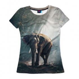 Женская футболка 3D с принтом Слон в лесу в Курске, 100% полиэфир ( синтетическое хлопкоподобное полотно) | прямой крой, круглый вырез горловины, длина до линии бедер | африка | африканский | бивни | большой | гигант джунгли | зоопарк | индийский | индия | лесной великан | мамонт | огромный | саванна | сафари | серый | слон | слоненок | слониха | стадо | уши | хобот