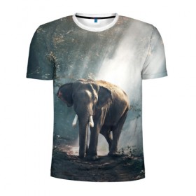 Мужская футболка 3D спортивная с принтом Слон в лесу в Курске, 100% полиэстер с улучшенными характеристиками | приталенный силуэт, круглая горловина, широкие плечи, сужается к линии бедра | африка | африканский | бивни | большой | гигант джунгли | зоопарк | индийский | индия | лесной великан | мамонт | огромный | саванна | сафари | серый | слон | слоненок | слониха | стадо | уши | хобот