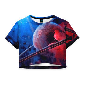Женская футболка 3D укороченная с принтом Сатурн в Курске, 100% полиэстер | круглая горловина, длина футболки до линии талии, рукава с отворотами | планеты | синий | яркий