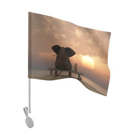 Флаг для автомобиля с принтом Слон с собакой на лавке, закат в Курске, 100% полиэстер | Размер: 30*21 см | 