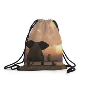 Рюкзак-мешок 3D с принтом Слон с собакой на лавке, закат в Курске, 100% полиэстер | плотность ткани — 200 г/м2, размер — 35 х 45 см; лямки — толстые шнурки, застежка на шнуровке, без карманов и подкладки | 