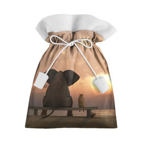 Подарочный 3D мешок с принтом Слон с собакой на лавке, закат в Курске, 100% полиэстер | Размер: 29*39 см | Тематика изображения на принте: 