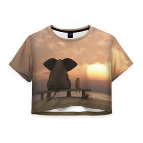 Женская футболка 3D укороченная с принтом Слон с собакой на лавке, закат в Курске, 100% полиэстер | круглая горловина, длина футболки до линии талии, рукава с отворотами | 