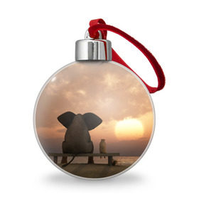 Ёлочный шар с принтом Слон с собакой на лавке, закат в Курске, Пластик | Диаметр: 77 мм | Тематика изображения на принте: 