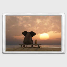Магнит 45*70 с принтом Слон с собакой на лавке, закат в Курске, Пластик | Размер: 78*52 мм; Размер печати: 70*45 | Тематика изображения на принте: 