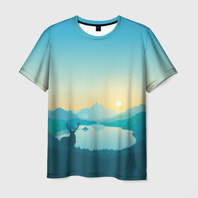 Мужская футболка 3D с принтом Природа в Курске, 100% полиэфир | прямой крой, круглый вырез горловины, длина до линии бедер | горы | графика | закат | лес | олень | природа | рисунок