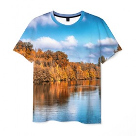 Мужская футболка 3D с принтом Река в Курске, 100% полиэфир | прямой крой, круглый вырез горловины, длина до линии бедер | берег | вода | деревья | лес | небо | осень | природа | река