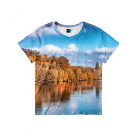 Детская футболка 3D с принтом Река в Курске, 100% гипоаллергенный полиэфир | прямой крой, круглый вырез горловины, длина до линии бедер, чуть спущенное плечо, ткань немного тянется | Тематика изображения на принте: берег | вода | деревья | лес | небо | осень | природа | река