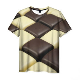 Мужская футболка 3D с принтом Шоколадные конфеты в Курске, 100% полиэфир | прямой крой, круглый вырез горловины, длина до линии бедер | десерт | еда | конфеты | сладкое | структуры | шахматы | шоколад