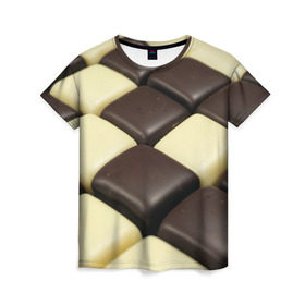 Женская футболка 3D с принтом Шоколадные конфеты в Курске, 100% полиэфир ( синтетическое хлопкоподобное полотно) | прямой крой, круглый вырез горловины, длина до линии бедер | десерт | еда | конфеты | сладкое | структуры | шахматы | шоколад