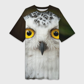 Платье-футболка 3D с принтом Белый филин в Курске,  |  | глаза | клюв | когти | крылья | лес | летать | мудрая | мудрость | неясыть | ночная | ночь | охота | перья | полярная | почтовая | птица | серая | сова | совенок | сон | сыч | умная | филин | хищник