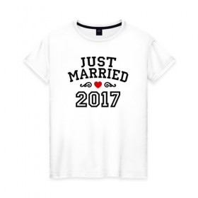 Женская футболка хлопок с принтом Just married 2017 в Курске, 100% хлопок | прямой крой, круглый вырез горловины, длина до линии бедер, слегка спущенное плечо | 2017 | just married | молодожены | свадьба