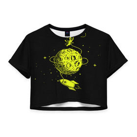 Женская футболка 3D укороченная с принтом Hello! в Курске, 100% полиэстер | круглая горловина, длина футболки до линии талии, рукава с отворотами | день космонавтики | звезда | звезды | космонавт | космонавты | космос | планета | планеты | ракета | ракеты