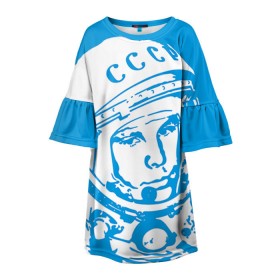 Детское платье 3D с принтом Гагарин 1 в Курске, 100% полиэстер | прямой силуэт, чуть расширенный к низу. Круглая горловина, на рукавах — воланы | Тематика изображения на принте: гагарин | день космонавтики | звезды | космос